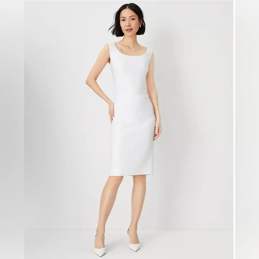 Ann Taylor White Herringbone Linen Sheath Dress - Picture 1 of 10